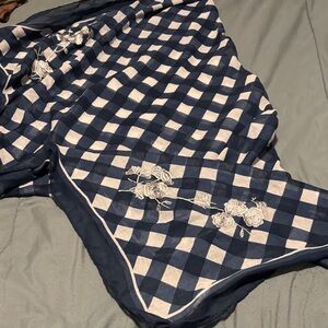 44” Square Blue and White Checked Scarf with Embroidery and Tassels